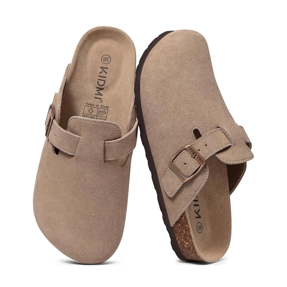 KIDMI Womens Cork Footbed Clogs Taupe Suede Mules Arch Support Sz 9 40 NEW